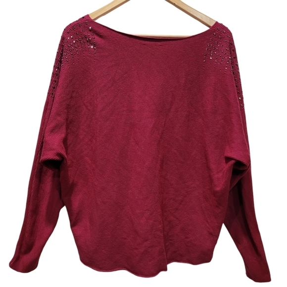 VILA MILANO XL Crew Neck Burgundy Wool Blend Ribbed Metallic Beaded Sweater - Picture 3 of 8